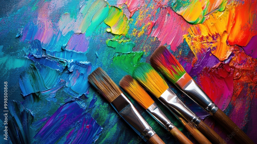 Fototapeta premium Bright splashes of color emerge from a palette and brushstrokes as paintbrushes lay beside a canvas, capturing artistic expression. Generative AI