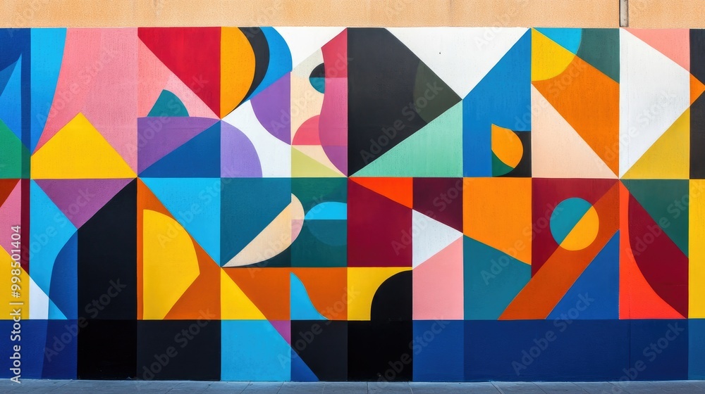 A vibrant geometric mural in a community space, adding color and life to the environment. A vibrant geometric mural in a community space, adding color and life to the environment.