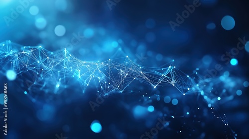Digital depiction of a blue network, showcasing interconnected points and lines forming a geometric pattern.