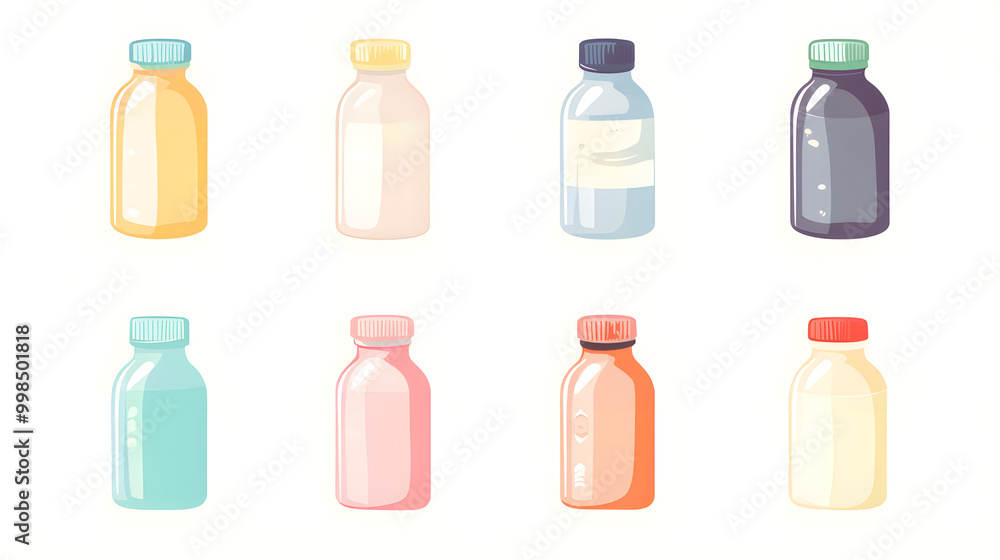 Simple pastel bottle set of icons with smooth lines and soft colors isolated on a plain background Simple pastel bottle set of icons with smooth lines and soft colors isolated on a plain background