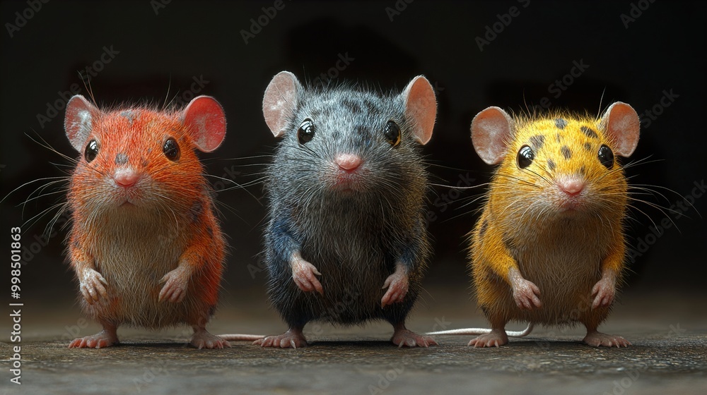 Three Adorable Mice in a Row: A Close-Up Portrait Three Adorable Mice in a Row: A Close-Up Portrait
