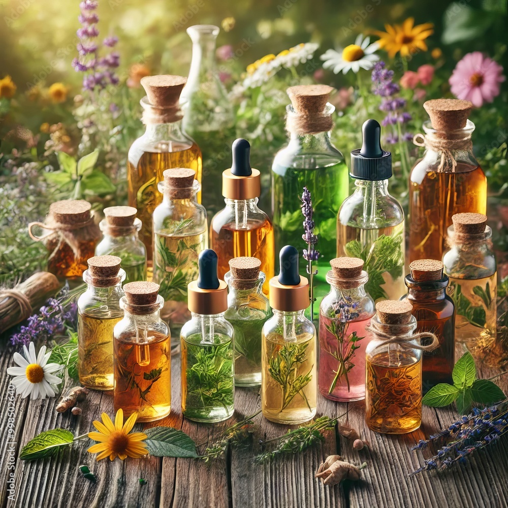 Herbal Essential Oils in Bottles with Flowers and Herbs on Wooden Table Herbal Essential Oils in Bottles with Flowers and Herbs on Wooden Table