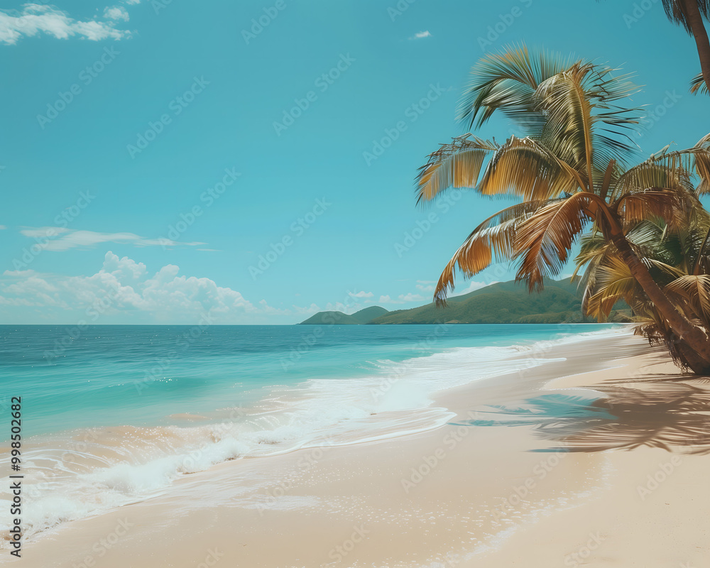 Fototapeta premium Tranquil Tropical Beach Paradise with Gentle Surf and Palm Trees