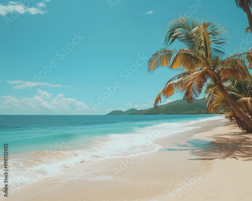 Tranquil Tropical Beach Paradise with Gentle Surf and Palm Trees