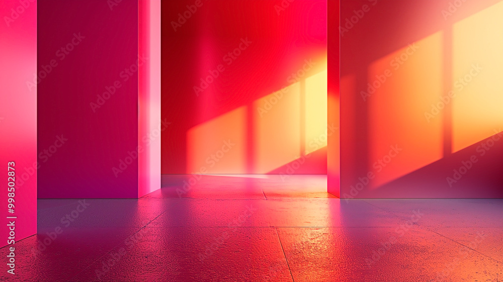 Futuristic red and pink empty room illuminated by soft sunlight for background. Futuristic red and pink empty room illuminated by soft sunlight for background.