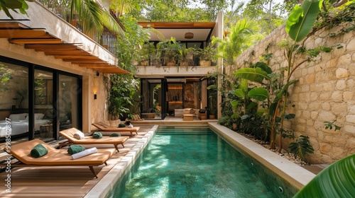 Wallpaper Mural A small pool with sunbeds and plants, stone walls, wooden deck flooring in the style of natural materials Torontodigital.ca