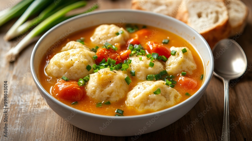 A hearty bowl of dumpling soup with vibrant veggies, served with crusty bread, perfect for a cozy meal. A hearty bowl of dumpling soup with vibrant veggies, served with crusty bread, perfect for a cozy meal.