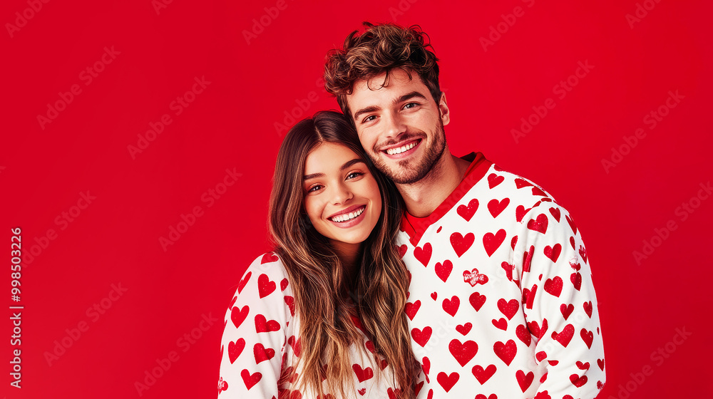Couple in love in stylish home pajamas with hearts print. Couple in love in stylish home pajamas with hearts print.