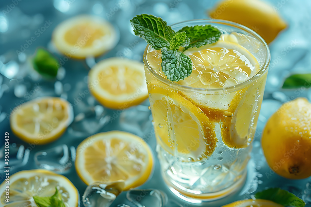 Refreshing Lemon Water with Ice and Mint on a Sunny Day Refreshing Lemon Water with Ice and Mint on a Sunny Day