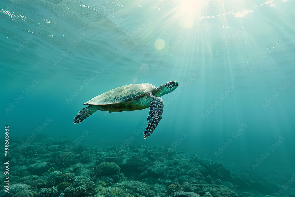 Underwater world featuring majestic giant sea turtles gracefully gliding through vibrant coral reefs, with shimmering light filtering through the ocean depths, creating serene paradise for marine life Underwater world featuring majestic giant sea turtles gracefully gliding through vibrant coral reefs, with shimmering light filtering through the ocean depths, creating serene paradise for marine life
