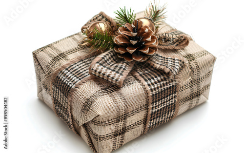 Elegant Gift Wrapped in Burlap Fabric with Festive Tartan Bow and Pine Cone