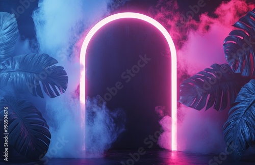 Silhouettes of tropical leaves and colored smoke in an empty room with brick walls and neon lights.
