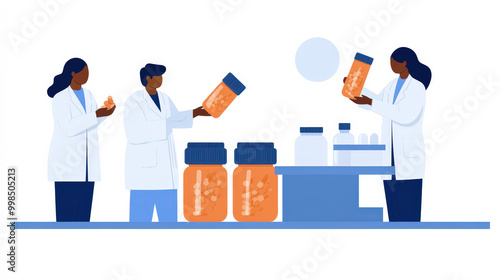 Workers in a pharmaceutical lab overseeing pill manufacturing, representing quality control and healthcare innovation