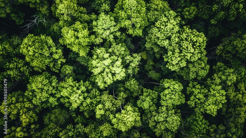 Fototapeta premium Drone view, tranquil forest canopy, with sunlight filtering through the lush green foliage
