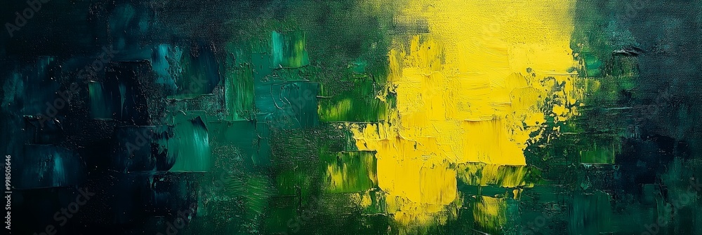 Obraz premium Abstract green and yellow oil painting, with thick brush strokes creating abstract shapes