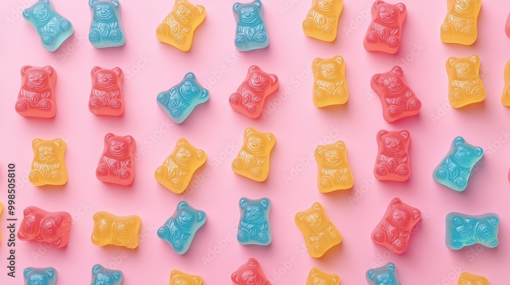 Candy gummy bears arranged on a pink background. Candy gummy bears arranged on a pink background.