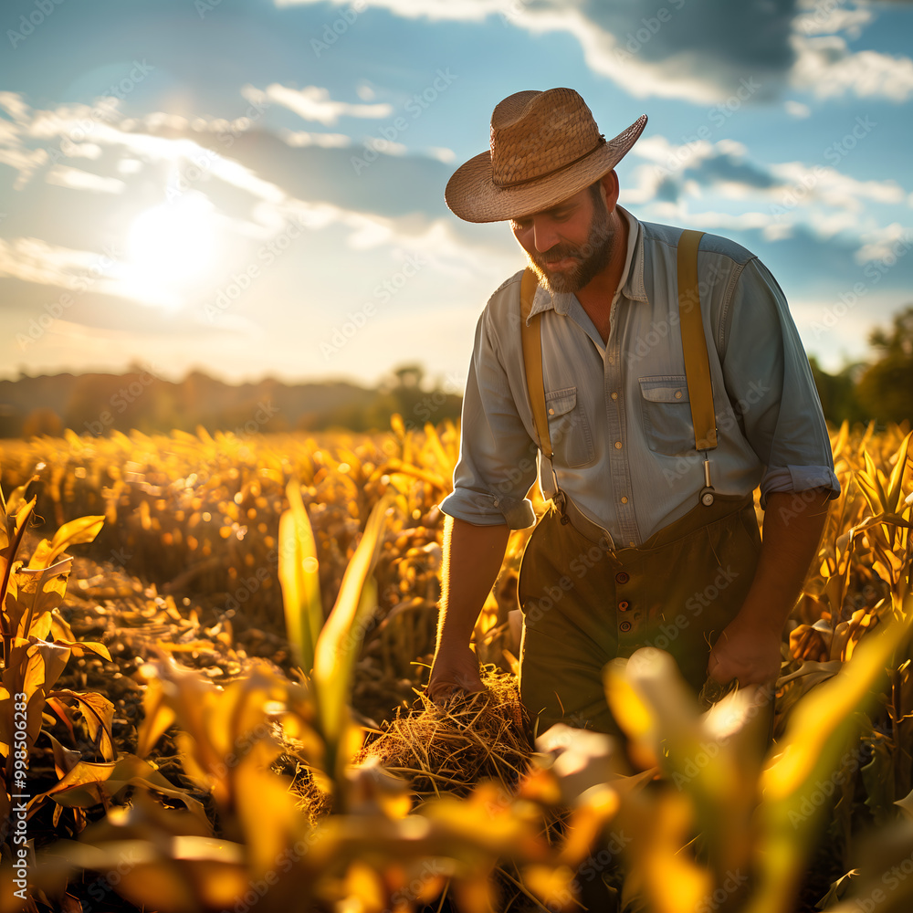 Fototapeta premium Farmer Inspecting Wheat Field at Sunset