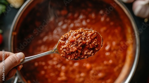 Hand Retaining a Serving Spoon of Real Bolognese Sauce: An Italian tomato and meat sauce known as ragu alla bolognese is served in a spoon over a big pot.