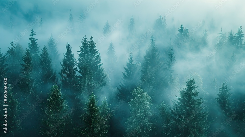 Aerial view pine tree forest foggy morning, top view nature outdoor evergreen landscape Aerial view pine tree forest foggy morning, top view nature outdoor evergreen landscape