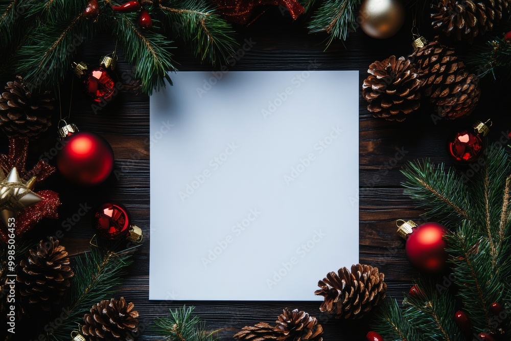 Christmas decorations surrounded by a blank horizontal paper image Christmas decorations surrounded by a blank horizontal paper image