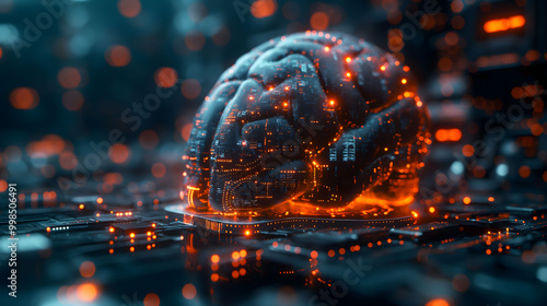 Illuminated Digital Brain on Electronic Circuit Board - Concept of Artificial Intelligence