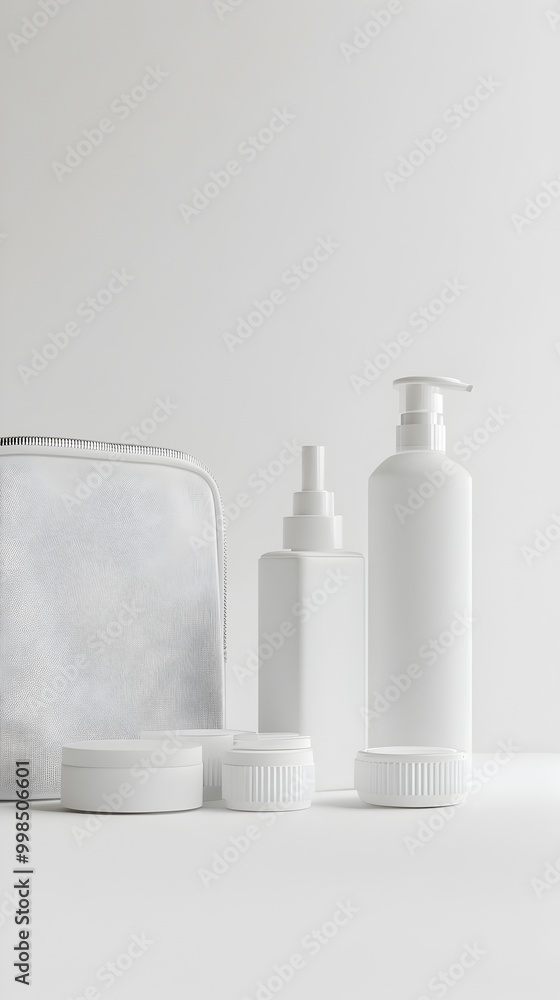 Compact Travel Toiletry Assortment on Pristine White Background Compact Travel Toiletry Assortment on Pristine White Background