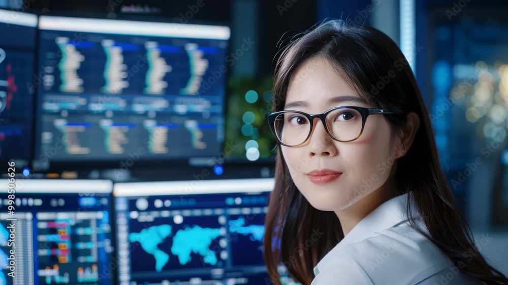 Female Researcher Deeply Focused with Multiple Monitors Displaying AI Data and Models