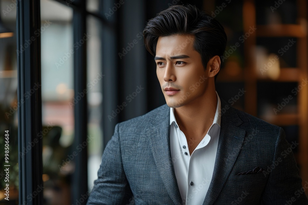 A Young Man in a Suit Gazes Out a Window A Young Man in a Suit Gazes Out a Window