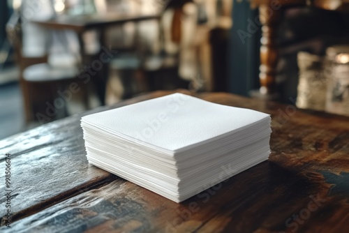 Stack of white napkins on a wooden table.