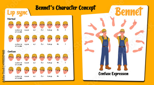 Handyman cartoon Creation AKA Bennet. Man Wearing Overalls with tools, Equipment, Confused face expressions and lip sync. Set of Handyman with various hand gesture and front and 1/3 standing pose.