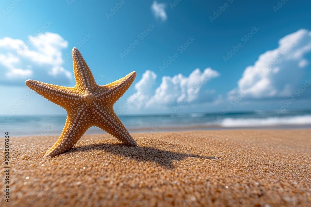 A single starfish on a sandy beach with blue sky and white clouds in the background. A single starfish on a sandy beach with blue sky and white clouds in the background.