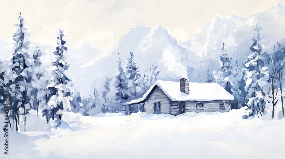 Fototapeta premium A mountain cabin surrounded by snow-covered trees with smoke rising from the chimney