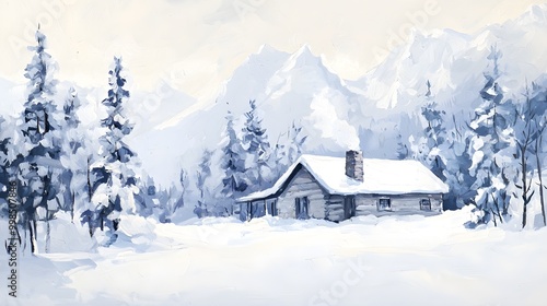 A mountain cabin surrounded by snow-covered trees with smoke rising from the chimney