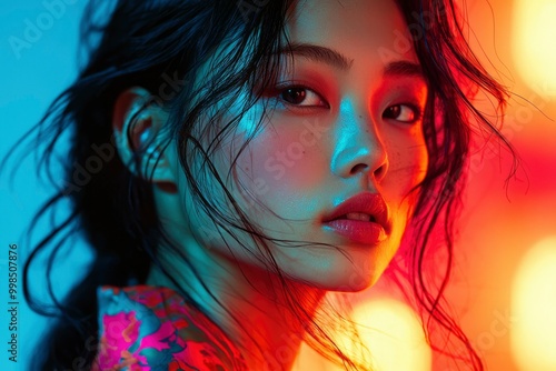 Close-up Portrait of a Woman with Wet Hair and Colorful Lighting