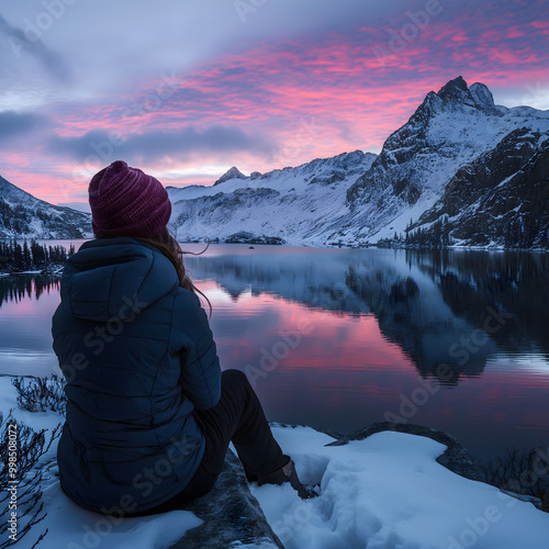 Serene Winter Sunset: Lone Person Contemplating Over Snowy Lake