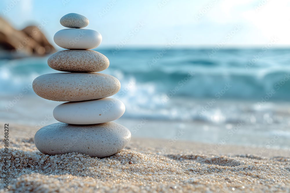 Zen-Like Balance with Stacked Stones on a Serene Beach Zen-Like Balance with Stacked Stones on a Serene Beach