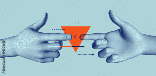 Two hands pointing in opposite directions. Concept of human relationships, disagreement, opposition or conflict of interest. 3d vector illustration for advertising, marketing or presentation.