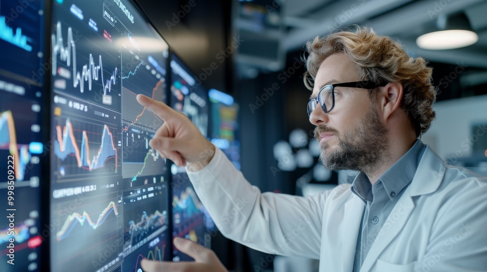 Professional in Office Pointing at Screen with Stock Prices and AI Predictions Professional in Office Pointing at Screen with Stock Prices and AI Predictions