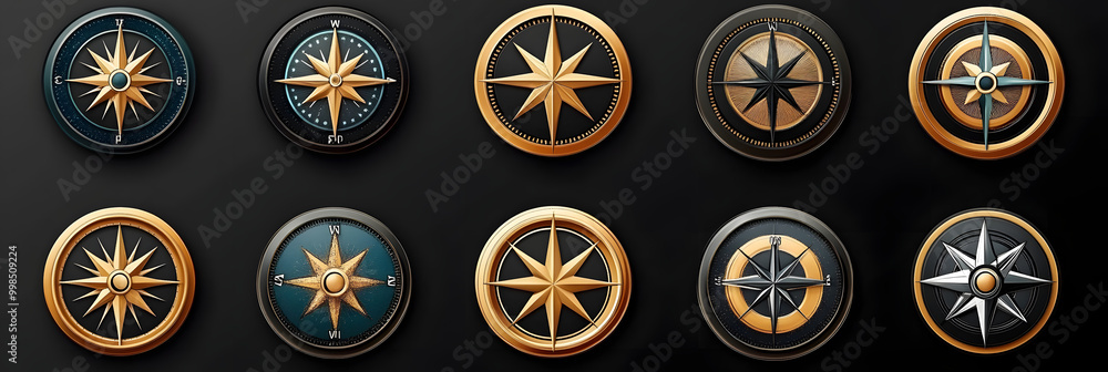 Compass icon set vector illustration with 3D golden and black wind rose symbols, navigation and orientation tools, compass design elements for maps and travel guides, decorative emblems
Compass icon set vector illustration with 3D golden and black wind rose symbols, navigation and orientation tools, compass design elements for maps and travel guides, decorative emblems