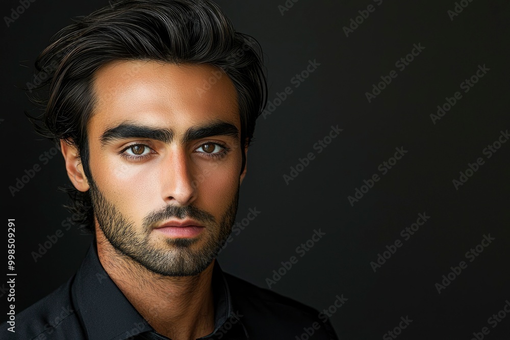 A Close-Up Portrait of a Young Man with Dark Hair and a Stubble Beard A Close-Up Portrait of a Young Man with Dark Hair and a Stubble Beard