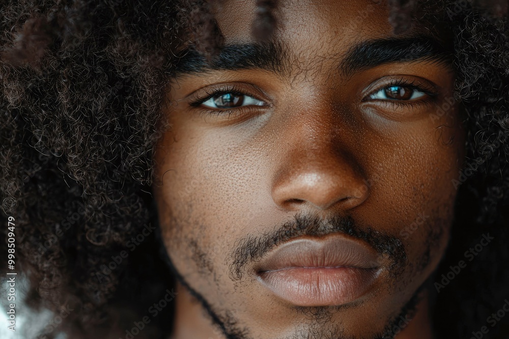 Close-up Portrait of a Man with Curly Hair and Serious Expression Close-up Portrait of a Man with Curly Hair and Serious Expression