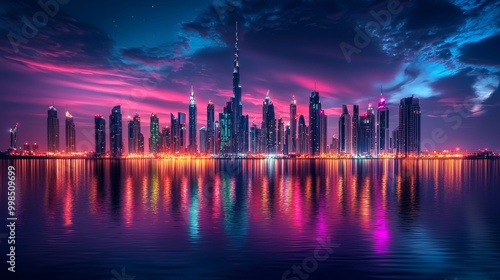 An amazing nighttime skyline of downtown Dubai, United Arab Emirates.