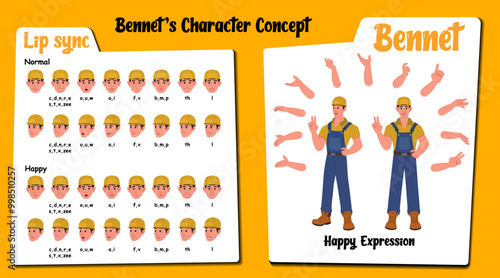 Handyman cartoon Creation AKA Bennet. Man Wearing Overalls with tools, Equipment, Happy face expressions and lip sync. Set of Handyman with various hand gesture and front and 1/3 standing pose.