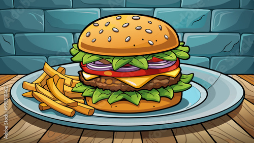 burger and fries on plate vector cartoon illustration, fast food isolated background