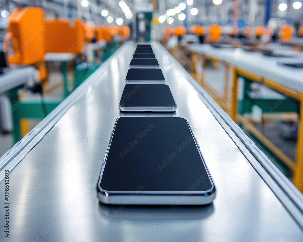 Smartphones on assembly line in a modern factory setting, highlighting technology and manufacturing. Smartphones on assembly line in a modern factory setting, highlighting technology and manufacturing.