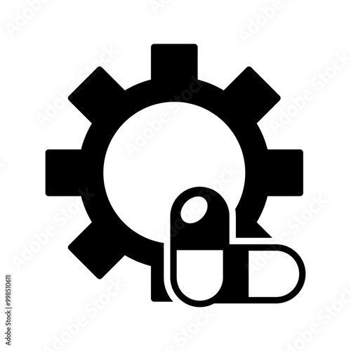 Cogwheel with capsule medicine, illustration of pharmaceutical and medicine production and industry icon vector