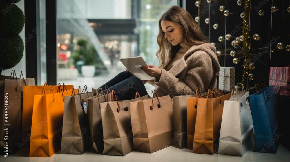Shopping online concept with many paper bags and girl making online order and checking goods. Neural network ai generated art Shopping online concept with many paper bags and girl making online order and checking goods. Neural network ai generated art