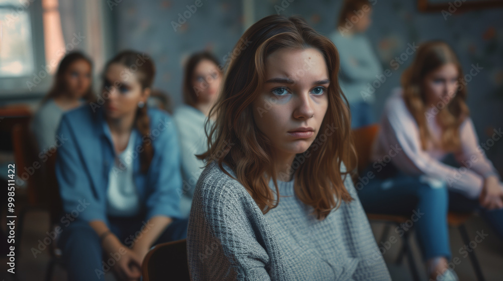 A sad woman sits in group therapy with other women. Blurred background with soft lighting A sad woman sits in group therapy with other women. Blurred background with soft lighting
