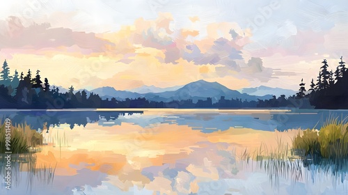 Sunset over a serene lake with golden reflections on the water