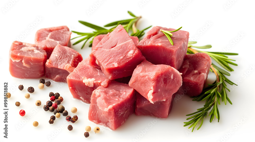 Fresh Raw Beef Cubes with Herbs and Spices on White Background Fresh Raw Beef Cubes with Herbs and Spices on White Background